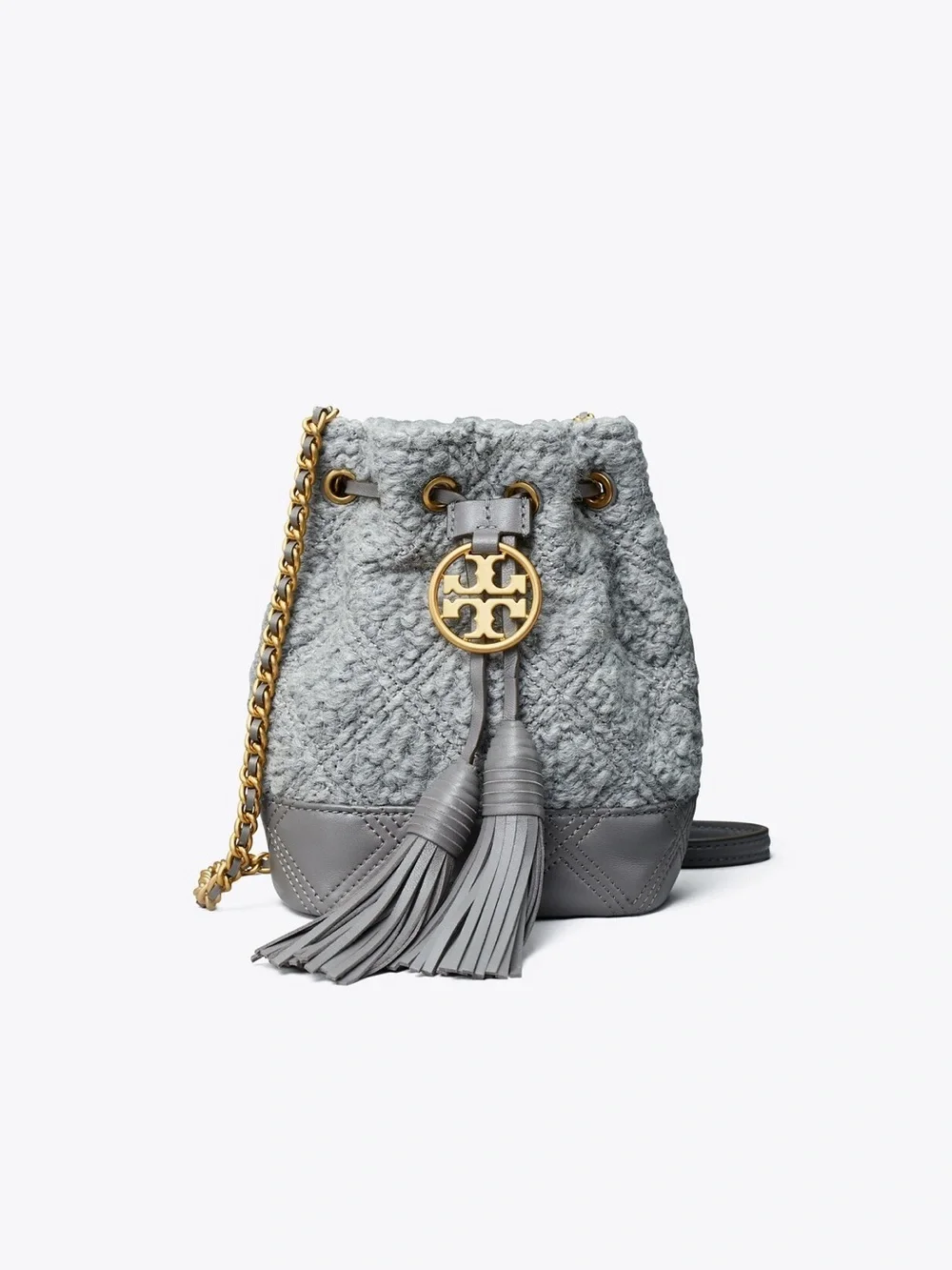 Tory Burch Fleming Soft Bouclé Mini Bucket Bag Carbon EUC